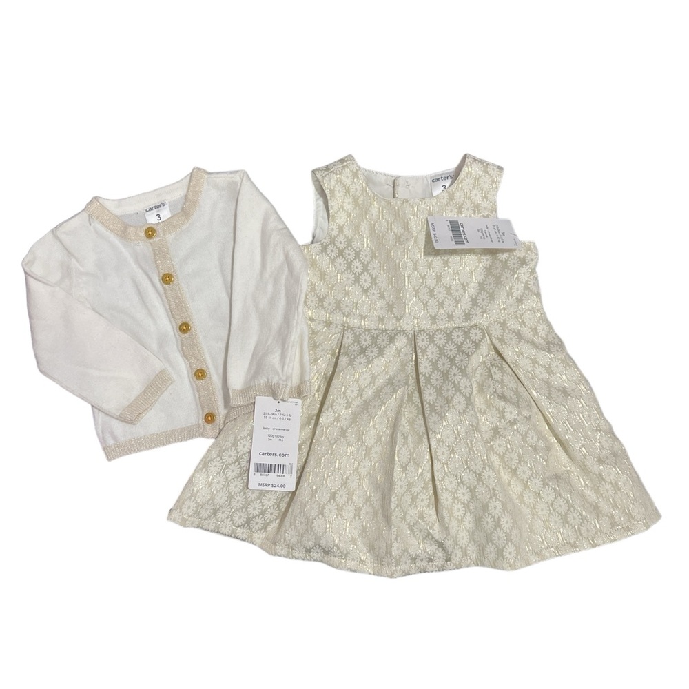 Ivory and gold jacquard dress with matching cardigan